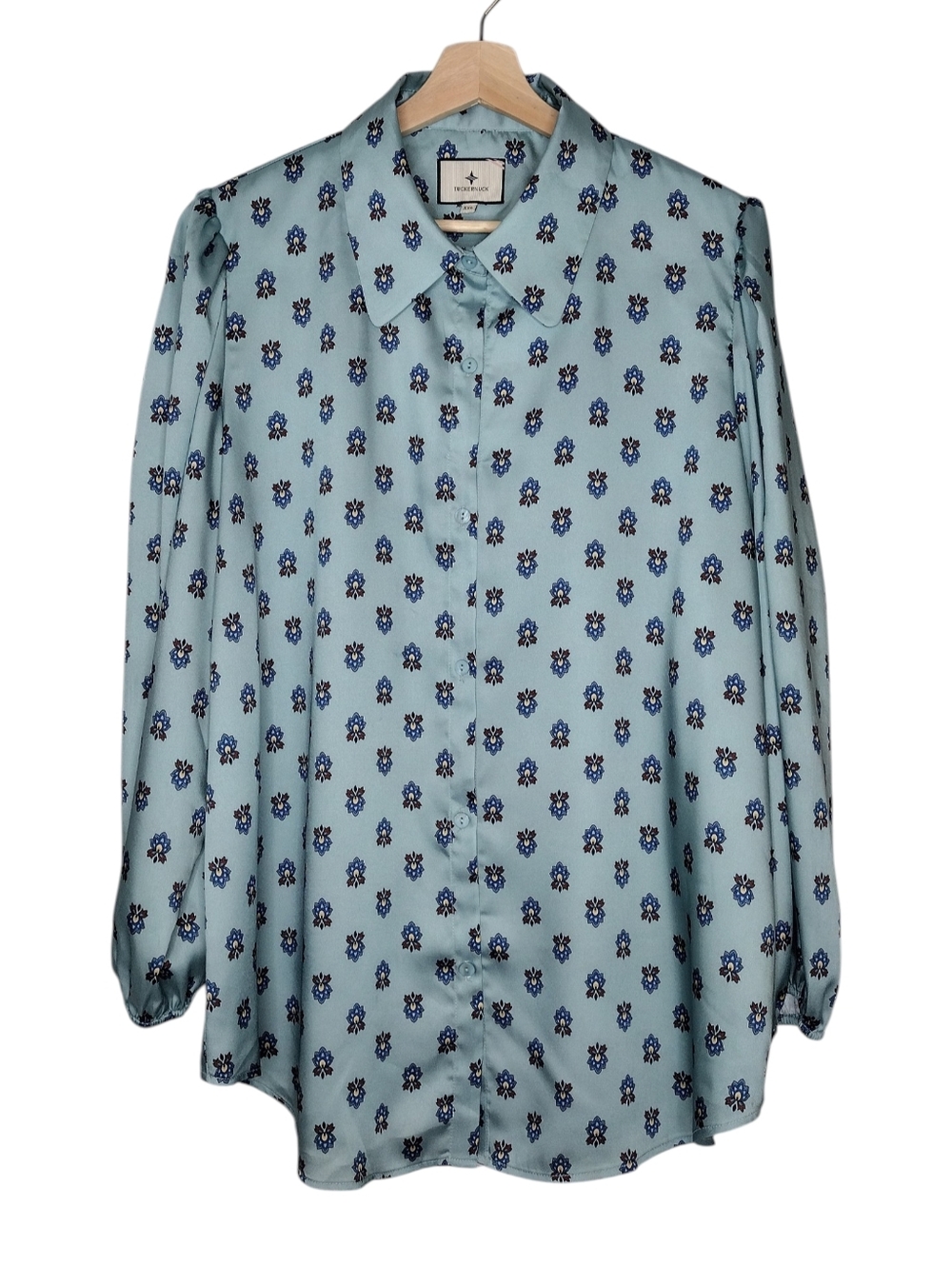 Tuckernuck Teal Floral Puff Long Sleeve Button-Up Blouse Sz XXL